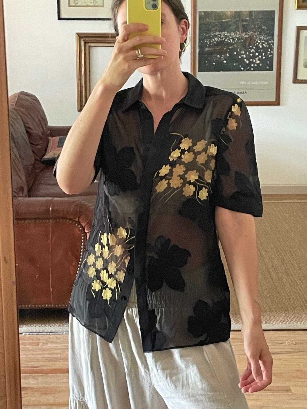 Reiss Black Short Sleeve Sheer Floral Velvet Blouse